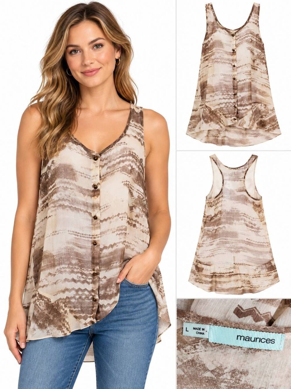 Maurices Large Brown Beige Abstract Print Button Front Tank Top